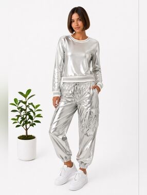 Metallic Silver Long Sleeve Top | Cropped Crewneck | Sport Trim Detail